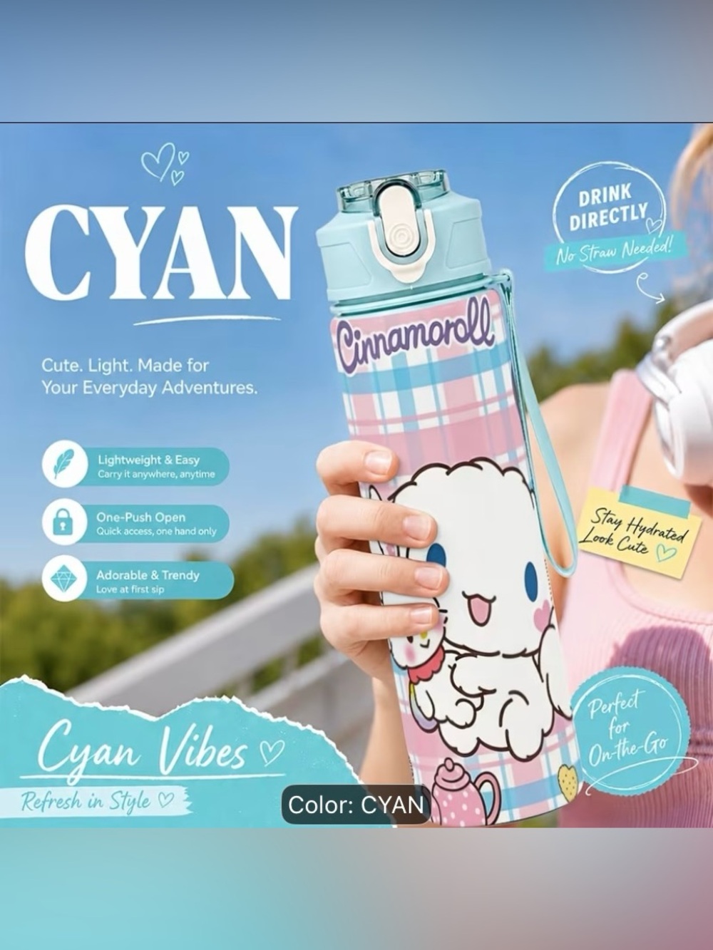 Sanrio Cinnamoroll Cyan and Pink Travel Water Bottle with Strap
